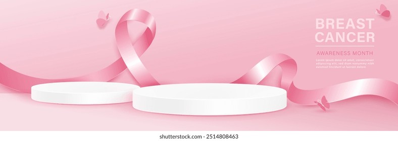 Breast cancer awareness month background decoration with pink ribbon and podiums for products display, vector design