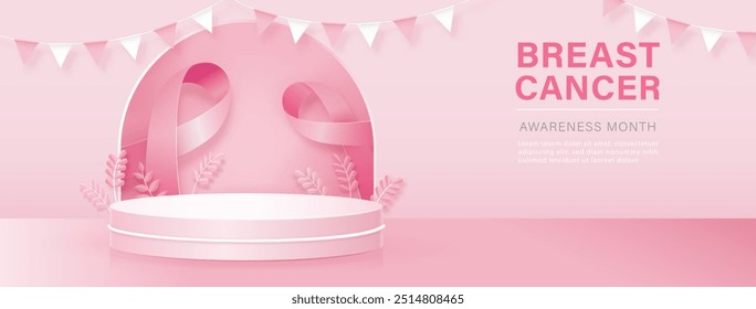 Breast cancer awareness month background decoration with pink ribbon and podium for products display, vector design