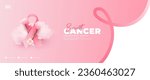 Breast Cancer Awareness Month banner, with pink ribbon, flower and cloud elements