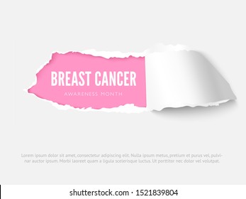 Breast cancer awareness month banner vector design template. Women oncological disease solidarity poster layout with 3d torn paper effect. Female hope realistic illustration and place for text