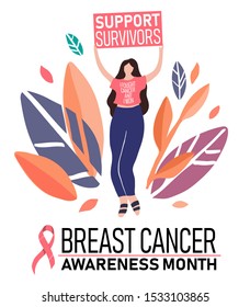 Breast cancer awareness month 
banner for October. Colorful vector illustration of woman in t-shirts holding a sign "Support survivers" 