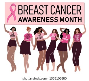 Breast cancer awareness month 
banner for October. Vector illustration of women in t-shirts holding a sign