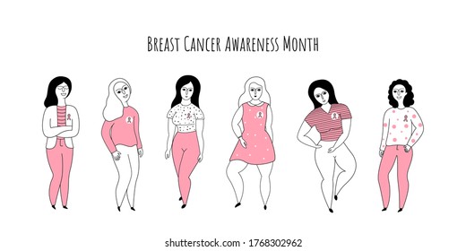 Breast Cancer Awareness Month banner. Women with pink support ribbon. Vector illustration isolated on a white background.  