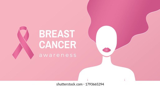 Breast Cancer Awareness Month Banner Design. Pink Ribbon And Woman Paper Cut Silhouette With Health Care Quote. - Vector