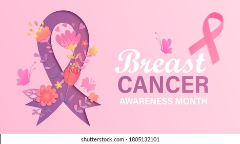 Breast cancer awareness month banner with flowers in papercut style. Poster for world preventive health care iniative.Paper cut ribbon with flower inside.Template for design, flyer, advertise.Vector.