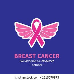 Breast cancer awareness month banner. Pink ribbon with wings. Pink ribbon logo for awareness campaigns, support and charity. Vector flat design illustration with text