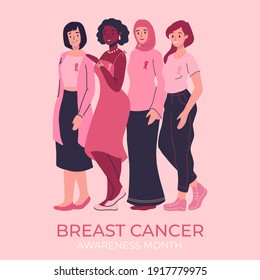 Breast cancer awareness month banner, poster template. Disease prevention, solidarity or charity campaign flyer. Group of diverse ethnic nationalities women together. Pink ribbon. Friendship, support