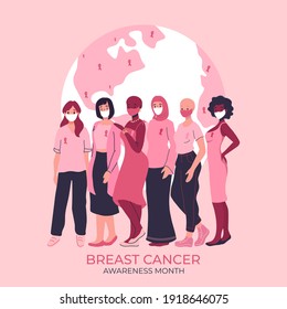 Breast cancer awareness month banner, poster template. Disease prevention, solidarity or charity campaign flyer. Group of diverse ethnic nationalities women wearing face mask. Pink suppor ribbon. 