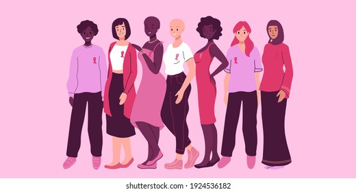 Breast cancer awareness month banner, poster template. Disease prevention, solidarity or charity campaign flyer. Group of diverse ethnic nationalities women together. Pink ribbon. Friendship, support