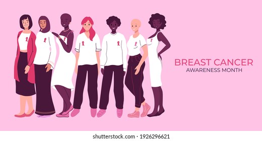 Breast cancer awareness month banner, poster template. Disease prevention, solidarity or charity campaign flyer. Group of diverse ethnic nationalities women together. Pink ribbon. Friendship, support