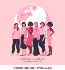 Breast cancer awareness month banner, poster template. Disease prevention, solidarity, charity campaign flyer. Group of diverse ethnic women together fighting oncological disease. Pink support ribbon