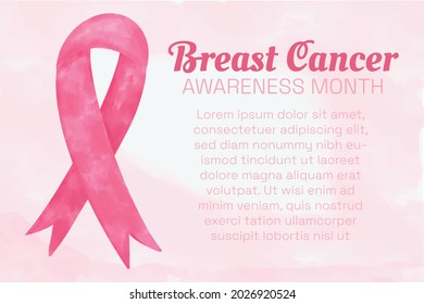 Breast Cancer Awareness Month banner with delicate pink watercolor background, pink ribbon decorated with hand drawn bright flowers. Copy space.