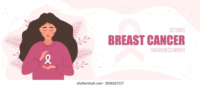 Breast cancer awareness month banner. Happy woman with ribbon. Annual international health campaign. Vector illustration in flat cartoon style.