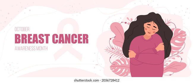 Breast cancer awareness month banner. Happy woman hugging herself. Annual international health campaign. Vector illustration in flat cartoon style.