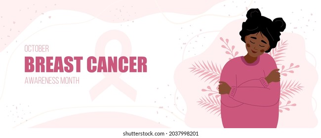 Breast cancer awareness month banner. Happy african woman hugging herself. Annual international health campaign. Vector illustration in flat cartoon style.