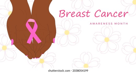 Breast cancer awareness month banner. Hands with pink ribbon. Vector illustration