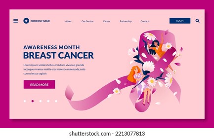 Breast Cancer Awareness month, banner or poster design. Vector flat cartoon illustration of pink ribbon and flying girls with blossom flowers. Women health care and support concept