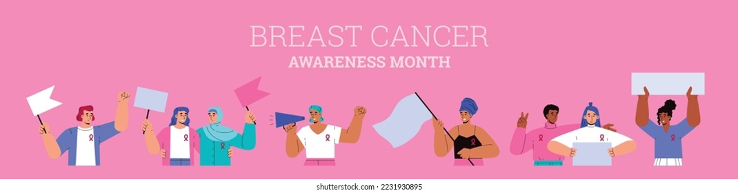 Breast cancer awareness month banner or poster backdrop template with diverse female characters, flat cartoon vector illustration isolated on pink background.