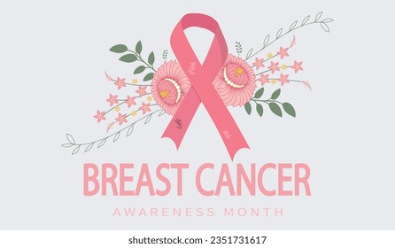 Breast Cancer Awareness Month banner with ribbon. Disease prevention, solidarity or charity campaign flyer. Vector flat illustration