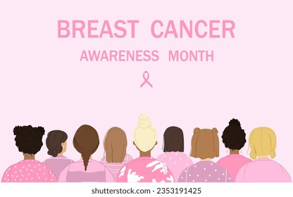 Breast Cancer Awareness Month Banner. A group of diverse ethnic women on pink background.