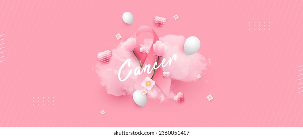 Breast Cancer Awareness Month banner, with pink ribbon, flower and cloud elements