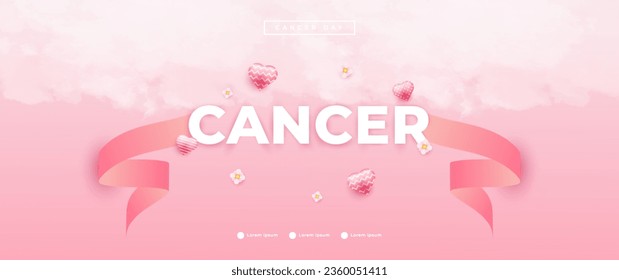 Breast Cancer Awareness Month banner, with pink ribbon, flower and cloud elements