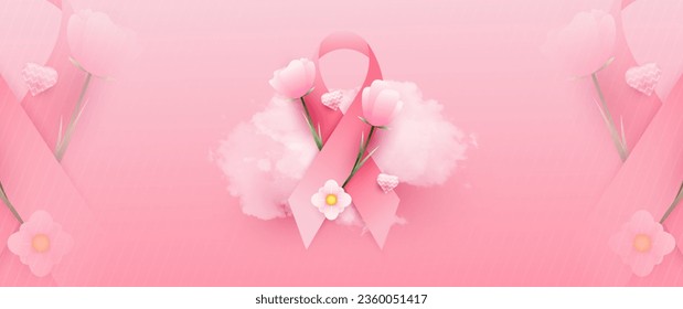 Breast Cancer Awareness Month banner, with pink ribbon, flower and cloud elements