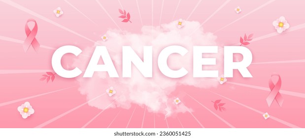 Breast Cancer Awareness Month banner, with pink ribbon, flower and cloud elements