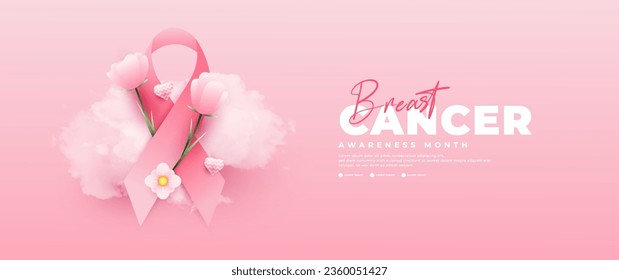 Banner del Mes de Concienciación sobre el Cáncer de Mama, con cinta rosa, flor y elementos de nubes