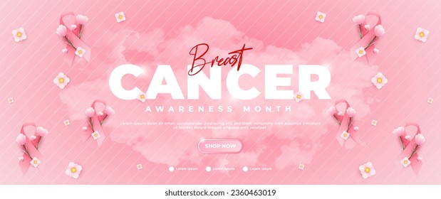 Banner del Mes de Concienciación sobre el Cáncer de Mama, con cinta rosa, flor y elementos de nubes