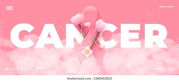 Breast Cancer Awareness Month banner, with pink ribbon, flower and cloud elements