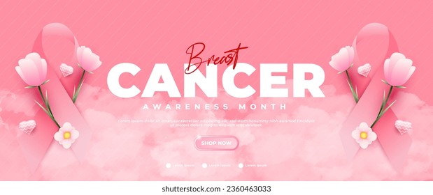 Banner del Mes de Concienciación sobre el Cáncer de Mama, con cinta rosa, flor y elementos de nubes