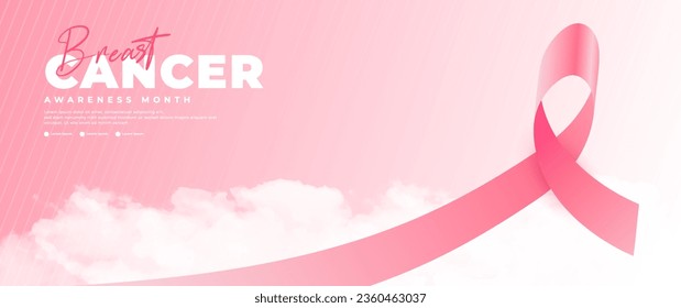 Breast Cancer Awareness Month banner, with pink ribbon, flower and cloud elements