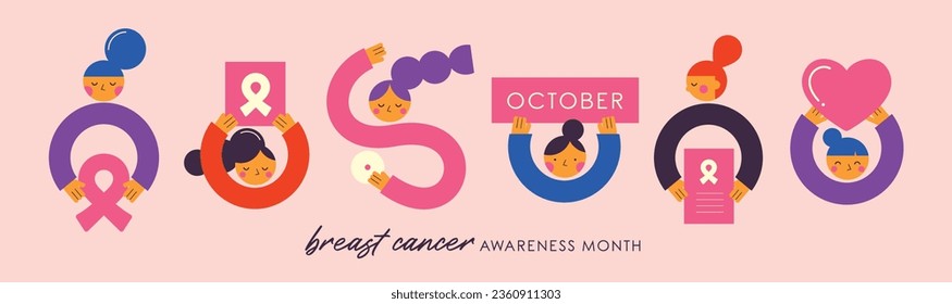 Breast cancer awareness month banner for oncology prevention campaign. Vector illustration in flat style.