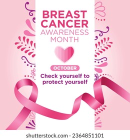 Breast cancer awareness month banner, with pink ribbon and floral ornaments and a pink heart on white rectangle