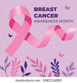 Breast Cancer Awareness Month banner, with pink ribbon, flower and cloud elements examination Mammography Ensuring Early Detection. Set of vector greeting cards, banners, post