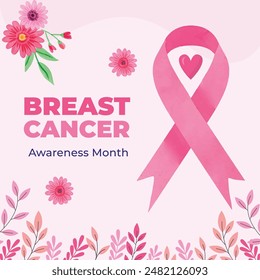 Breast Cancer Awareness Month banner, with pink ribbon, flower and cloud elements examination Mammography Ensuring Early Detection. Set of vector greeting cards, banners, post