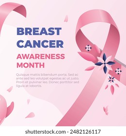 Breast Cancer Awareness Month banner, with pink ribbon, flower and cloud elements examination Mammography Ensuring Early Detection. Set of vector greeting cards, banners, post