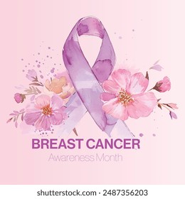 Breast Cancer Awareness Month banner, with pink ribbon, flower and cloud elements