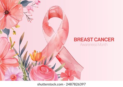 Breast Cancer Awareness Month banner, with pink ribbon, flower and cloud elements