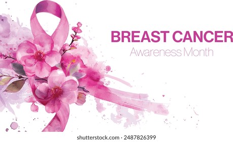 Breast Cancer Awareness Month banner, with pink ribbon, flower and cloud elements