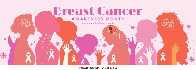 Breast Cancer Awareness Month banner with woman silhouette. vector illustration