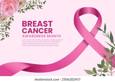 Breast Cancer Awareness Month banner, with pink ribbon and flowers elements background