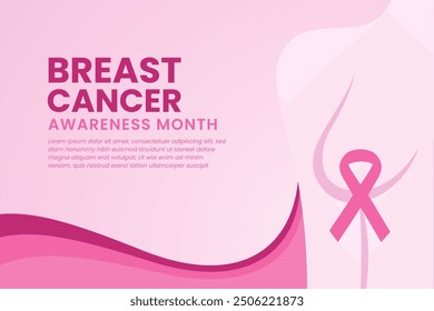 Breast cancer awareness month banner with silhouette of a woman and a pink ribbon in her breast