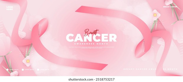 Breast cancer awareness month banner with pink ribbon element