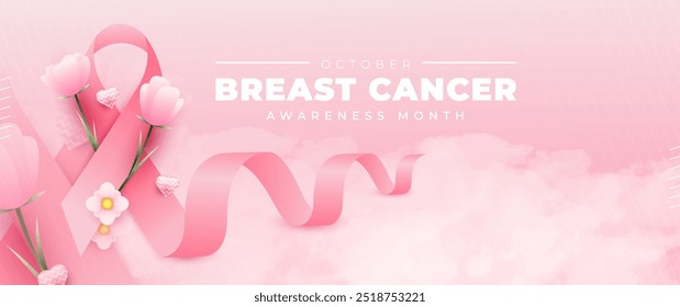 Breast cancer awareness month banner with pink ribbon element