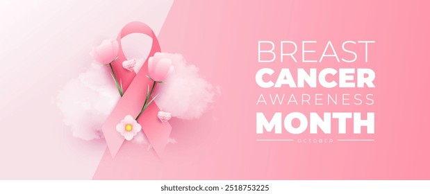 Breast cancer awareness month banner with pink ribbon element