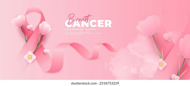 Breast cancer awareness month banner with pink ribbon element