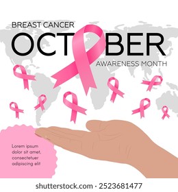 Breast Cancer Awareness Month banner. Woman palm, pink ribbons, space for text. Vector flat illustration.