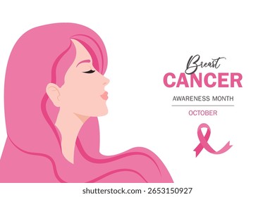 Breast cancer awareness month banner with pink ribbon roll sign and text vector design